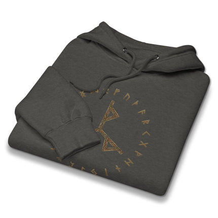 Black pullover hoodie featuring a circular design of Norse Futhark runes and Viking symbols.
