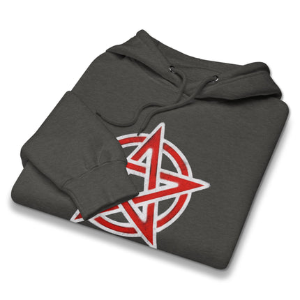 Red pentacle symbol graphic on black occult pullover hoodie for pagan wear.