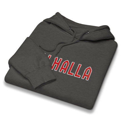 Valhalla Norse mythology graphic print on a black viking style pullover hoodie fleece.