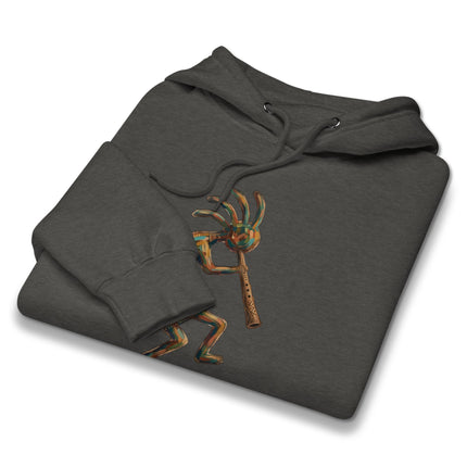 Kokopelli flute player design hoodie featuring southwestern native american art.