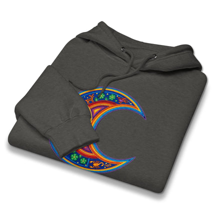 Colorful Huichol Moon art pullover hoodie featuring vibrant indigenous crescent designs.