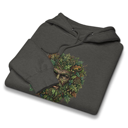 Green Man motif hoodie featuring lush natural foliage and folklore spirit design.