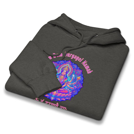 Vibrant Durga Goddess hoodie featuring Om Dum Durgayei Namah Hindu mantra print pullover.