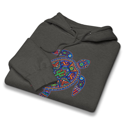 Colorful Huichol turtle graphic hoodie featuring vibrant Mexican folk art patterns.