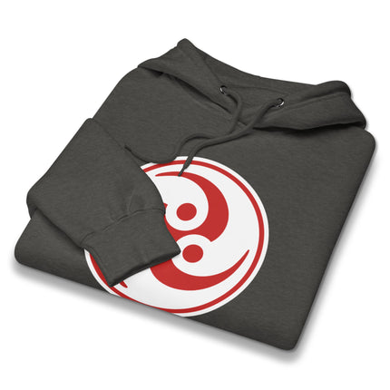 Tomoe Mitsudomoe Japanese symbol pullover hoodie featuring traditional Shinto design.