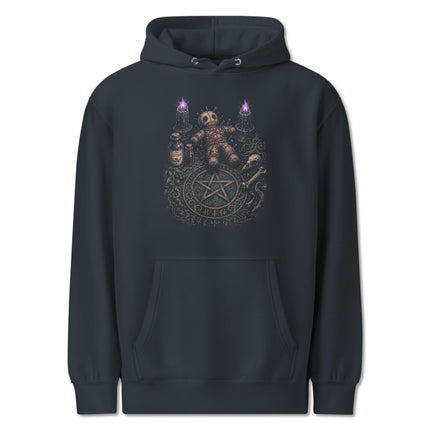 Gothic dark magic hoodie featuring a ritual table, doll, and pentagram occult print.
