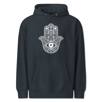 Hamsa hand and Evil Eye mandala design on a protective pullover hoodie.