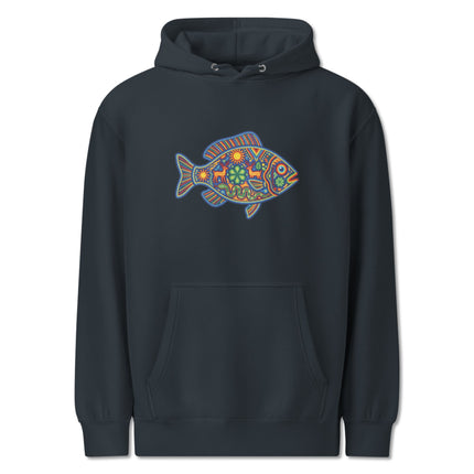 Colorful Huichol Mexican folk art hoodie featuring vibrant motifs of fish, deer, and sun designs.