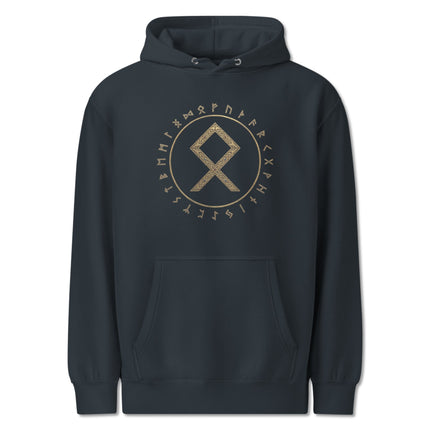 Gold Othala rune circle design printed on a unisex Norse Viking style pullover hoodie.