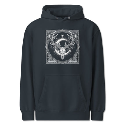 Occult stag skull hoodie featuring an antler crown, crescent moon, and mystical nature art design.