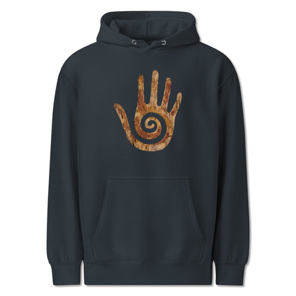 Hopi healing hand symbol and native american spiral design pullover hoodie.
