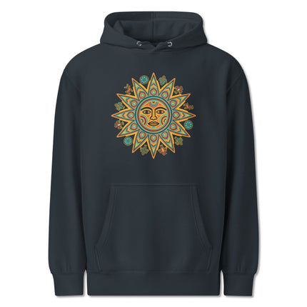 Colorful Huichol indigenous Mexican graphic print fleece pullover sun hoodie.