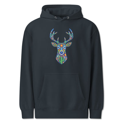 Vibrant Huichol folk art deer print on a comfortable Mexican pullover hoodie.