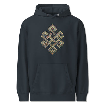 Endless Knot Tibetan Buddhist symbol graphic printed on a unisex fleece pullover hoodie.