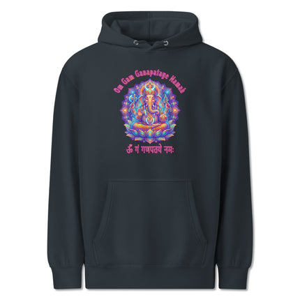 Vibrant Ganesha god print with Om Gam Ganapataye Namah mantra on unisex pullover hoodie.