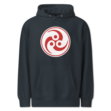 Tomoe and Mitsudomoe Japanese symbol design on a unisex pullover hoodie.