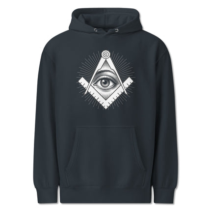 All-Seeing Eye, Square, and Compass esoteric symbol design printed on a pullover hoodie.