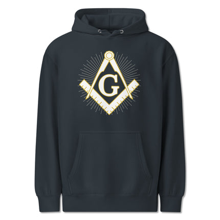 Masonic Square and Compass emblem printed on a fleece pullover hoodie.
