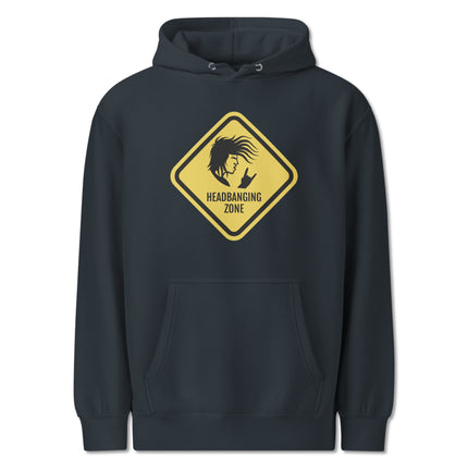 Headbanging Zone rock on metal hoodie featuring a bold warning sign graphic design.