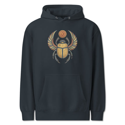 Graphic pullover hoodie featuring Khepri Scarab sun god Egyptian mythology design.