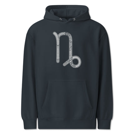 Ornate Capricorn zodiac symbol graphic on a comfortable pullover hoodie.