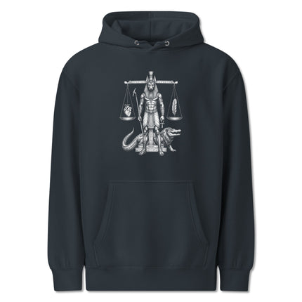 Anubis scale of justice graphic print on a black Egyptian god pullover hoodie.