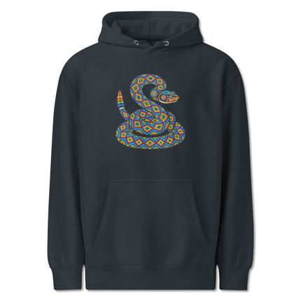 Colorful Huichol style rattlesnake geometric art pullover hoodie featuring folk patterns.