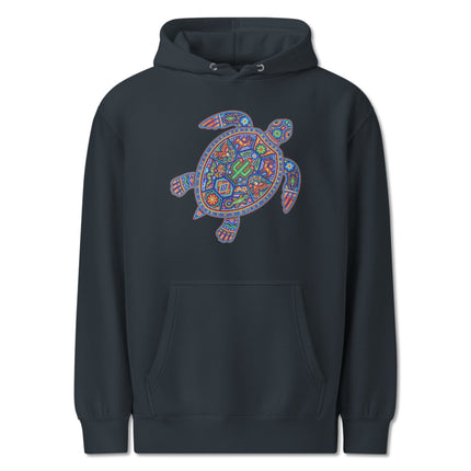 Huichol turtle graphic hoodie featuring vibrant Mexican folk art pullover fleece.