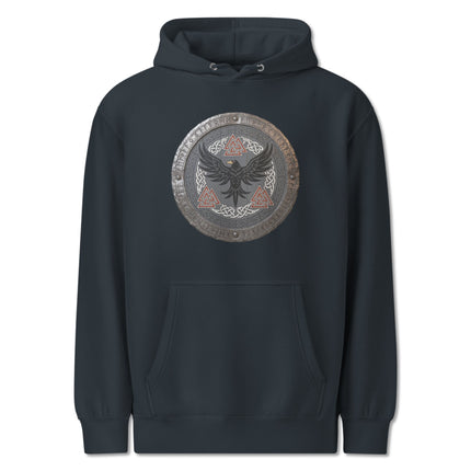 Viking Norse raven shield hoodie featuring runic symbols and mythological designs.