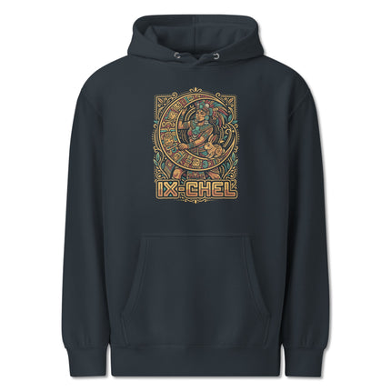 Mayan Goddess Ixchel art print on hoodie featuring ancient Mesoamerican cultural design.