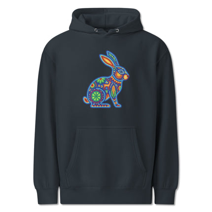Vibrant Mexican folk art hoodie featuring colorful Huichol-style rabbits and traditional patterns.