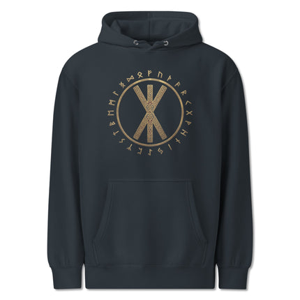 Strength Bind rune hoodie featuring detailed Norse Viking Elder Futhark symbols print.