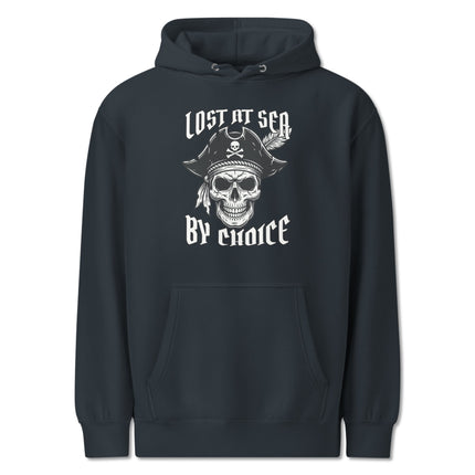 Pirate skull hoodie featuring nautical designs and 'Lost At Sea By Choice' rebel text print.