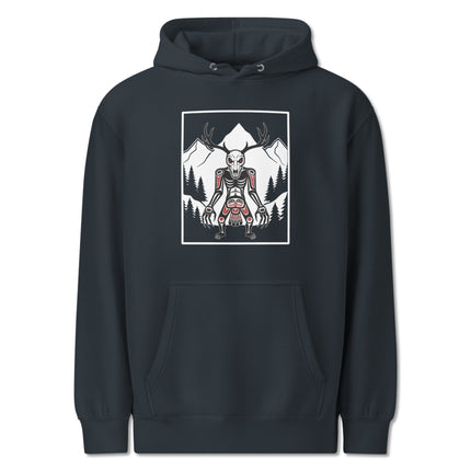 Tribal Wendigo skull and antler graphic pullover fleece hoodie featuring cryptid forest art.