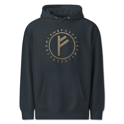 Black hoodie featuring the Fehu Rune circle symbol from the Elder Futhark Norse Viking alphabet.