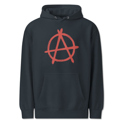 Distressed red pullover hoodie featuring an anarchist symbol graphic print.