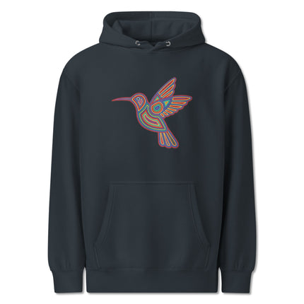 Hummingbird and colorful Huichol tribal art print on a pullover hoodie.