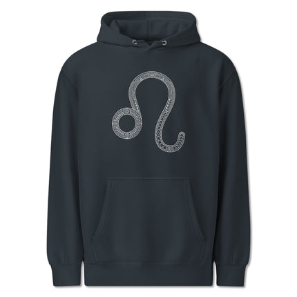 Black pullover hoodie featuring an intricate Leo zodiac sign astrology symbol print.