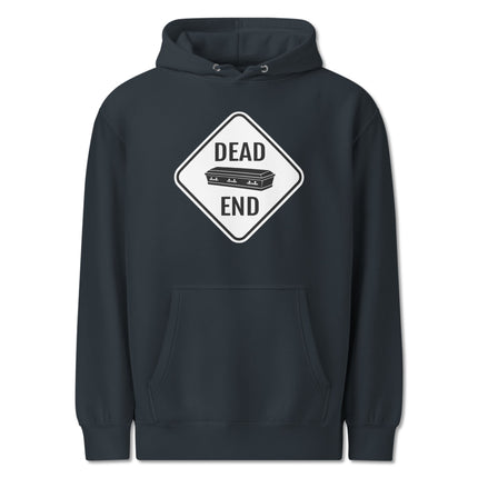 Dead End Coffin Road Sign graphic print on dark humor pullover hoodie.