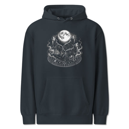 Wolf howling at the full moon graphic hoodie design featuring canine spirit art.