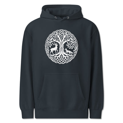 Nature-themed pullover hoodie featuring the Celtic Tree of Life with stylized stag and fox woodland animals.