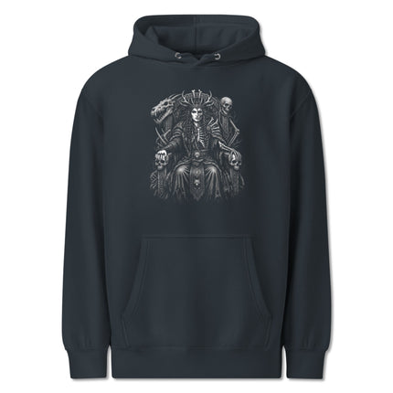Norse goddess Hel Queen hoodie featuring detailed dragon, skull, and death throne artwork.