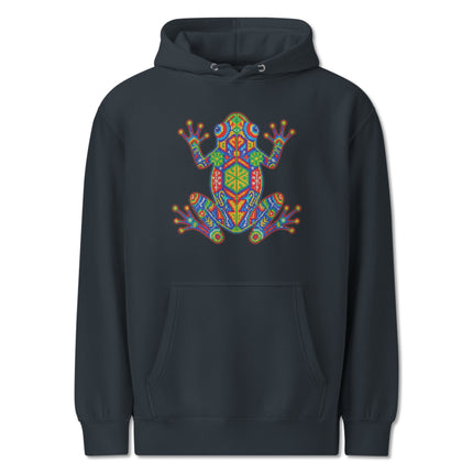 Vibrant Huichol art frog graphic on a pullover hoodie featuring Mexican indigenous style fleece print.
