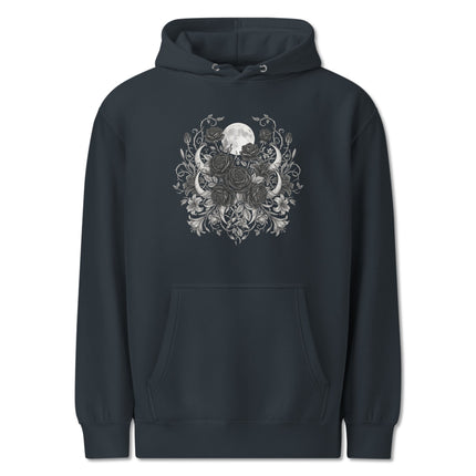 Black hoodie featuring a celestial design of moons and dark roses for witchy aesthetic lovers.