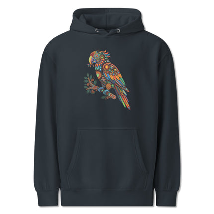 Huichol spirit animal parrot mandala art printed on a bohemian style hoodie.