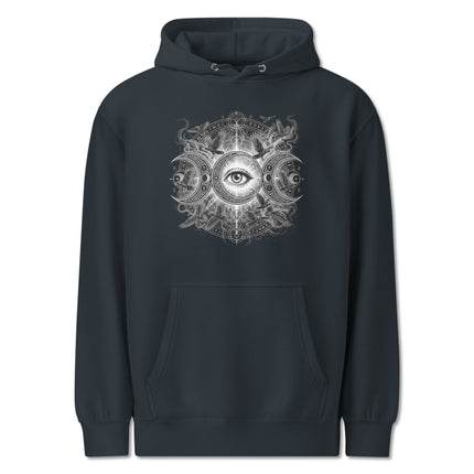 Triple Moon Eye spiritual awakening graphic print on black hoodie.