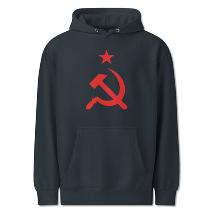 Red socialist graphic pullover hoodie featuring the hammer and sickle emblem.