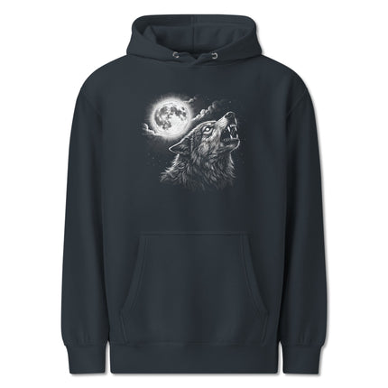 Howling wolf and full moon graphic pullover hoodie featuring a night sky wildlife scene.
