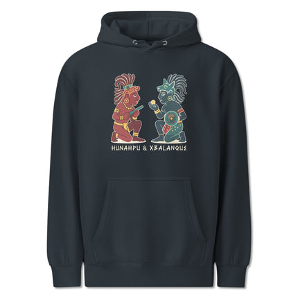 Mayan mythology graphic hoodie featuring the Hero Twins, Hunahpu and Xbalanque.