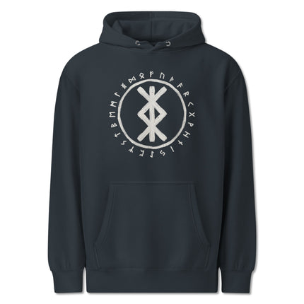 Black Norse rune hoodie featuring detailed Viking Futhark symbols for protection.